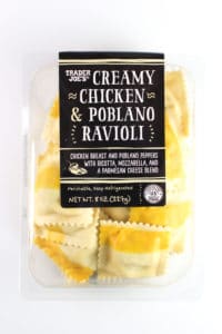 An unopened package of Trader Joe's Creamy Chicken and Poblano Ravioli