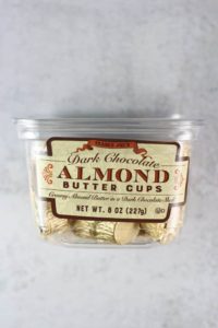 An unopened package of Trader Joe's Dark Chocolate Almond Butter Cups