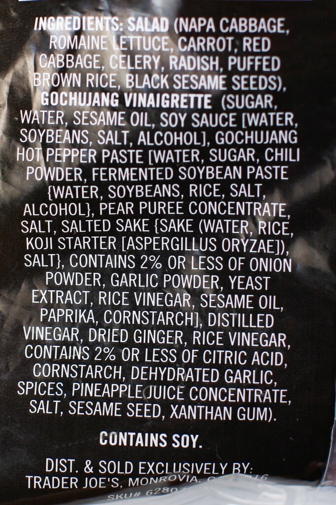 Ingredient list in Trader Joe's Gochujang Chop Salad Kit