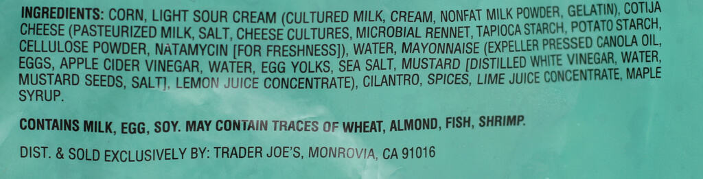 Ingredients in Trader Joe's Mexican Style Roasted Corn
