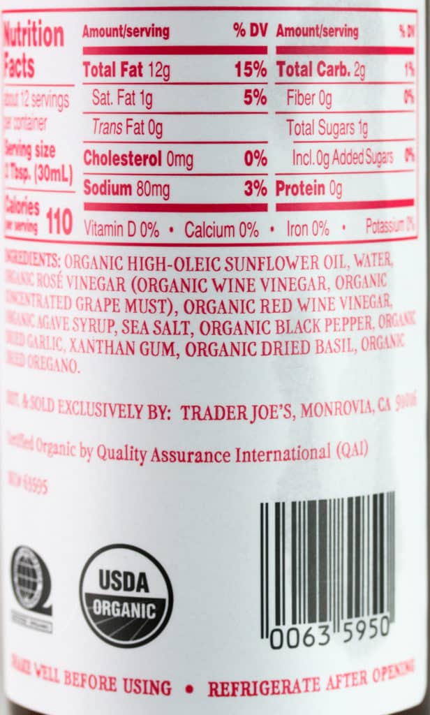 Calories, nutritional information and ingredient list of Trader Joe's Organic Rose Vinaigrette