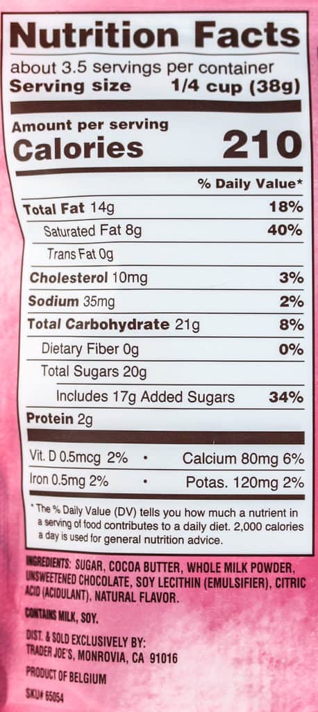 Nutritional information, calories, and ingredients in Trader Joe's Ruby Cacao Wafers