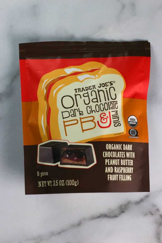 An unopened bag of Trader Joe's Organic Dark Chocolate PB and J minis
