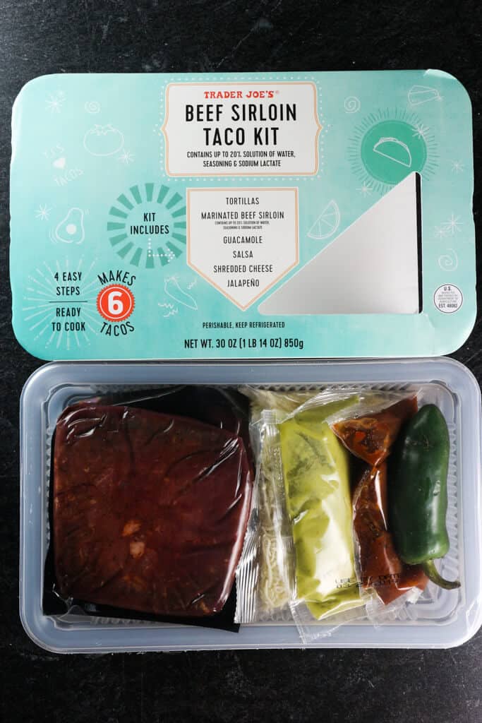 An open package of Trader Joe's Beef Sirloin Taco Kit revealing the contents of the kit
