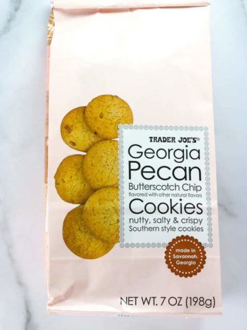 A bag of Trader Joe's Georgia Pecan Butterscotch Chip Cookies