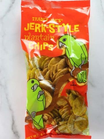 An unopen bag of Trader Joe's Jerk Style Plantain Chips