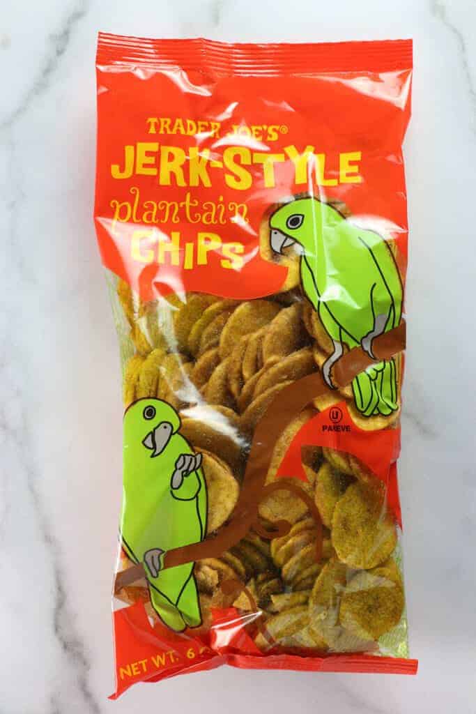 An unopen bag of Trader Joe's Jerk Style Plantain Chips
