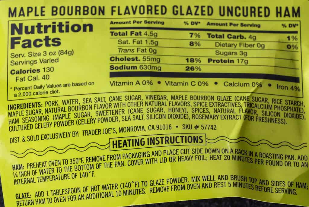 The cooking directions for Trader Joe's Maple Bourbon Glazed Ham, plus the calories and ingredient list