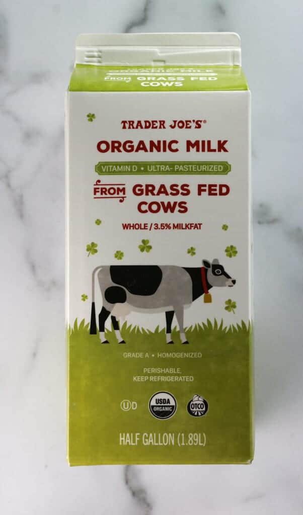 An unopened container of Trader Joe's Organic Milk from Grass Fed Cows