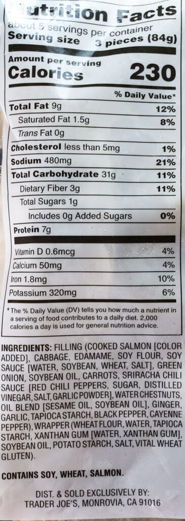 Trader Joe's Spicy Salmon Gyoza nutritional information, calories, and ingredient list