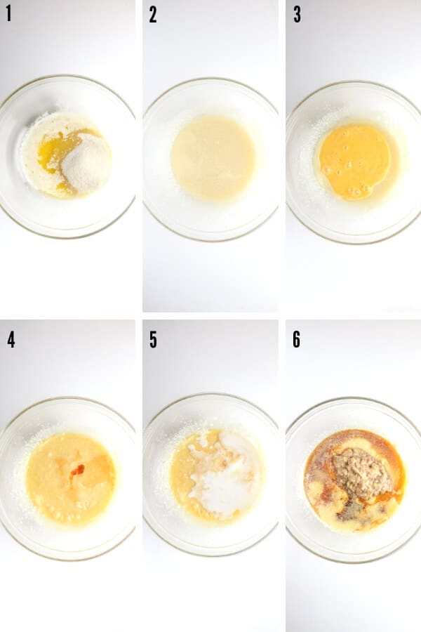 A collage showing the addition of all the wet ingredients together