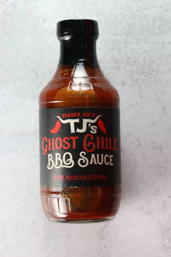 An unopened bottle of Trader Joe's Ghost Chile BBQ Sauce