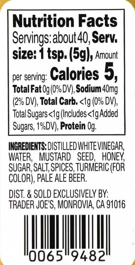 Calories, nutritional information and ingredients in Trader Joe's Honey Pale Ale Mustard