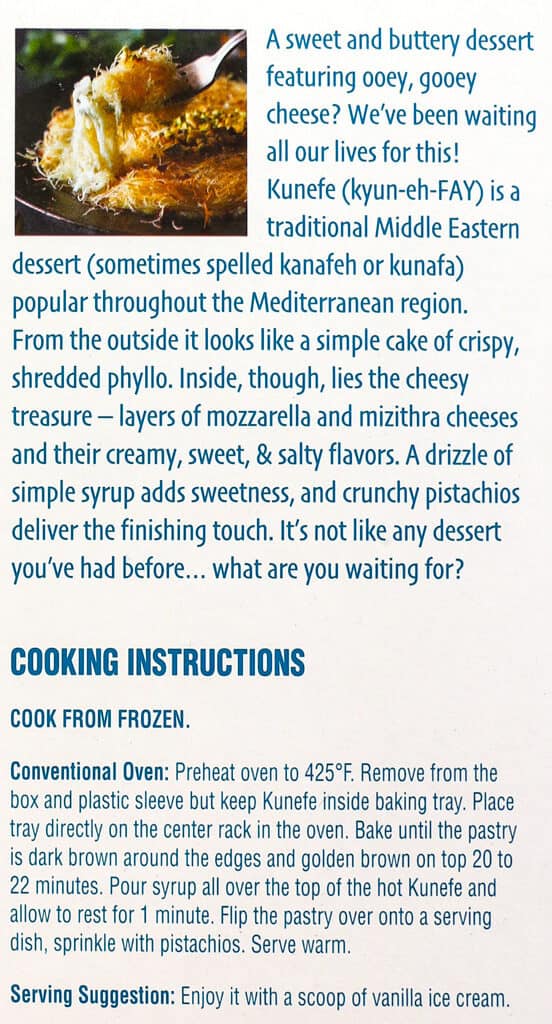 Description and cooking instructions for Trader Joe's Kunefe