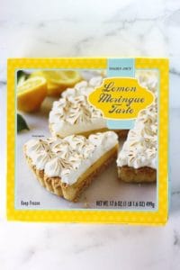 An unopened box of Trader Joe's Lemon Meringue Tarte
