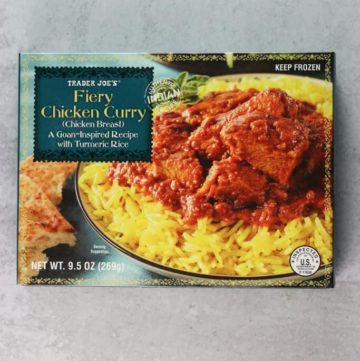 An unopened box of Trader Joe's Fiery Chicken Curry
