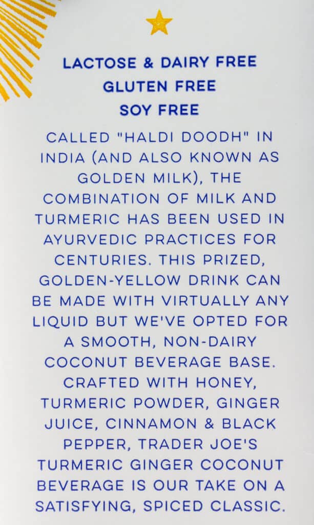 Description on the side of the box of Trader Joe's Tumeric Ginger Coconut Beverage