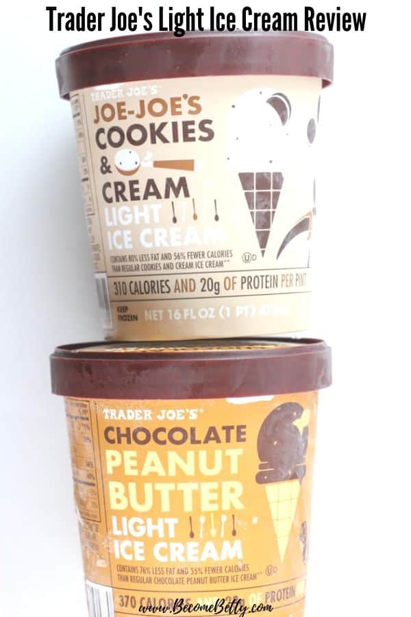 Two unopened containers of Trader Joe's Light Ice Cream. Cookies and cream on top and chocolate peanut butter is on bottom