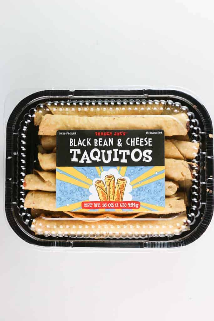 An unopened package of Trader Joe's Black Bean and Cheese Taquitos