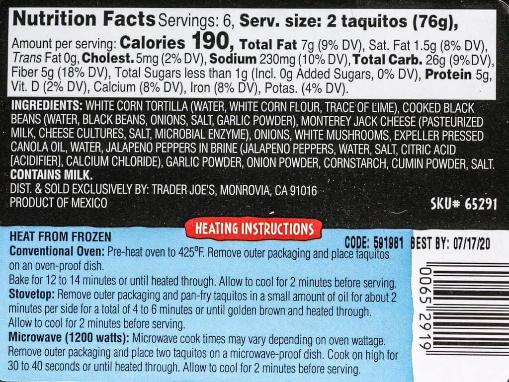 Calories, nutritional information, and cooking instructions in Trader Joe's Black Bean and Cheese Taquitos