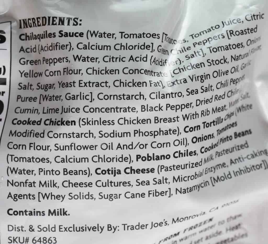 Ingredient list for Trader Joe's Chicken Chilaquiles Rojo