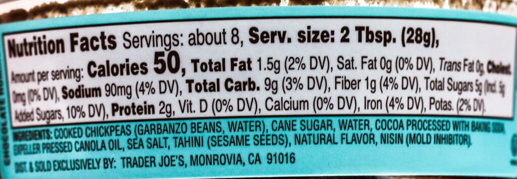 Nutritional facts, calories, and ingredient list in Trader Joe's Chocolate Hummus