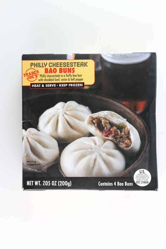 An unopened box of Trader Joe's Philly Cheesesteak Bao Buns