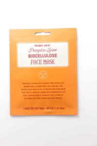 An unopened package of Trader Joe's Pumpkin Spice Biocellulose Face Mask