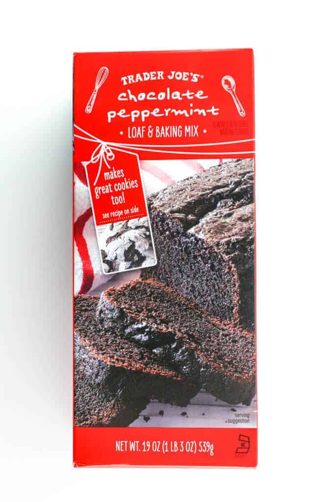 An unopened box of Trader Joe's Chocolate Peppermint Loaf and Baking Mix