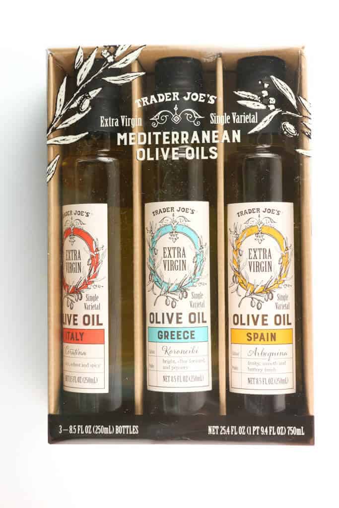 An unopened package of Trader Joe's Mediterranean Olive Oil Trio