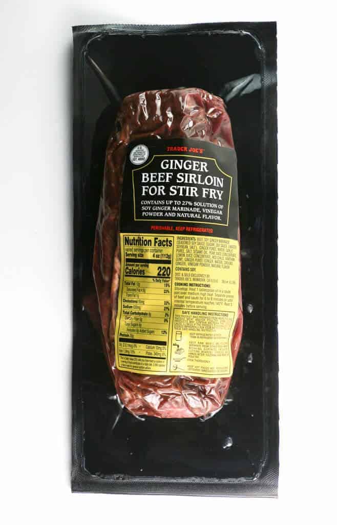 An unopened package of Trader Joe's Ginger Beef Sirloin