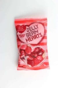 An unopened bag of Trader Joe's Jelly Bean Hearts