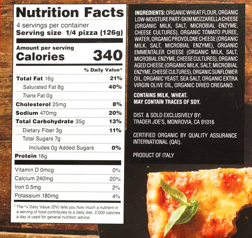 Nutritional facts, calories, and ingredients in Trader Joe's Organic Cheese and Tomato Family Size Pizza