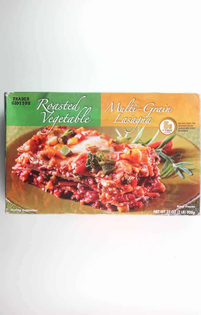 An unopened box of Trader Joe's Roasted Vegetable Multi-Grain Lasagna