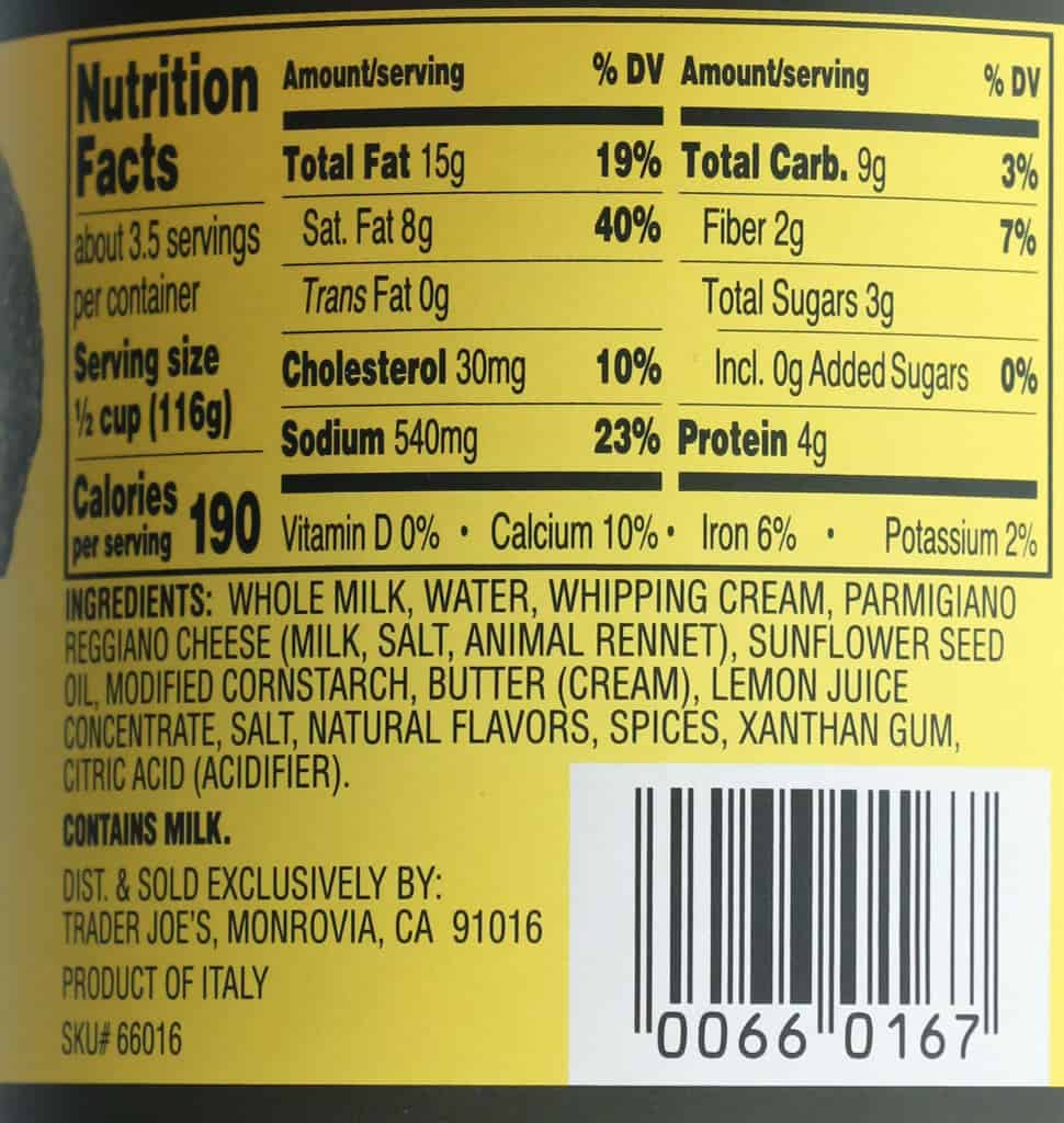 Nutritional facts and ingredients in Trader Joe's Limone Alfredo Sauce