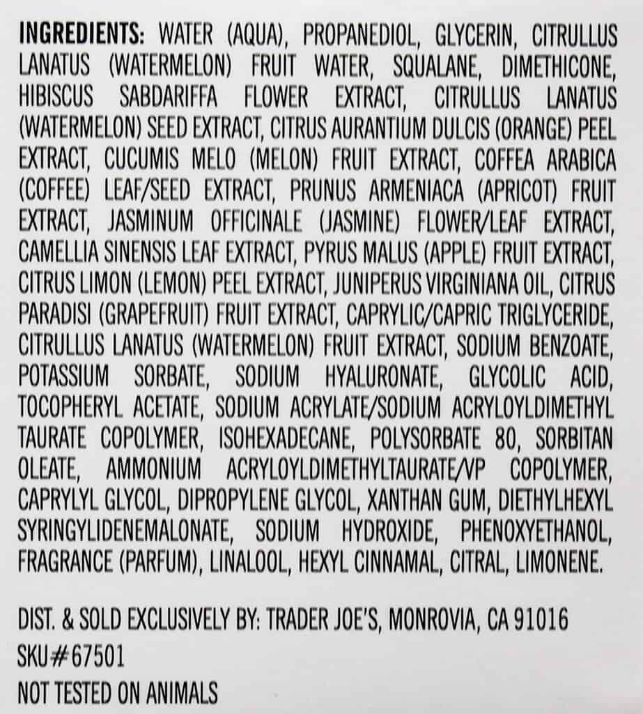 Ingredient list on the back of Trader Joe's Watermelon Overnight Face Mask