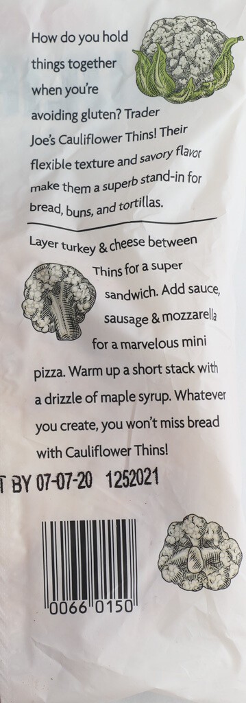 The description on the side of the bag of Trader Joe's Cauliflower Thins