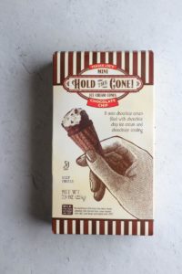 An unopened box of Trader Joe's Mini Hold the Cone Chocolate Chip Ice Cream Cones