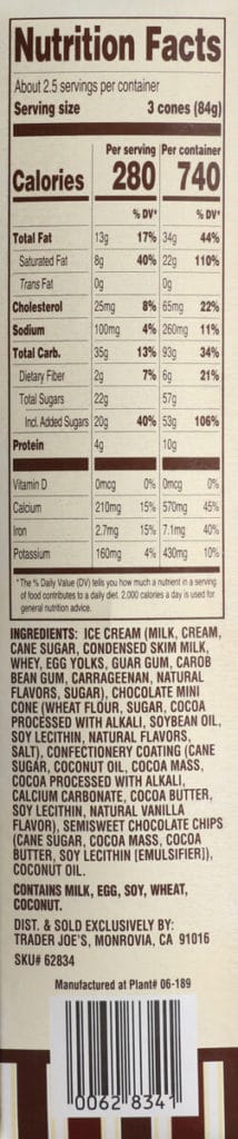 Nutritional facts and ingredients in Trader Joe's Mini Hold the Cone Chocolate Chip Ice Cream Cones