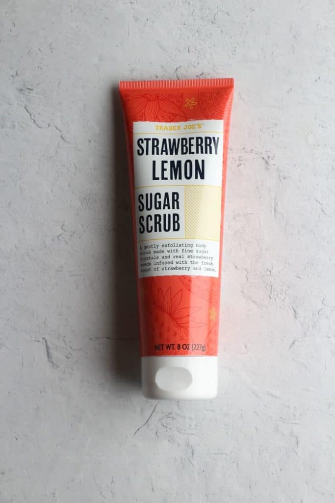 An unopened container of Trader Joe's Strawberry Lemon Sugar Scrub