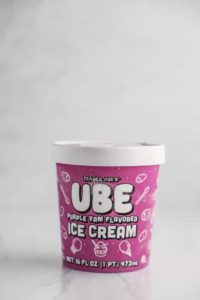 An unopened container of Trader Joe's Ube Ice Cream
