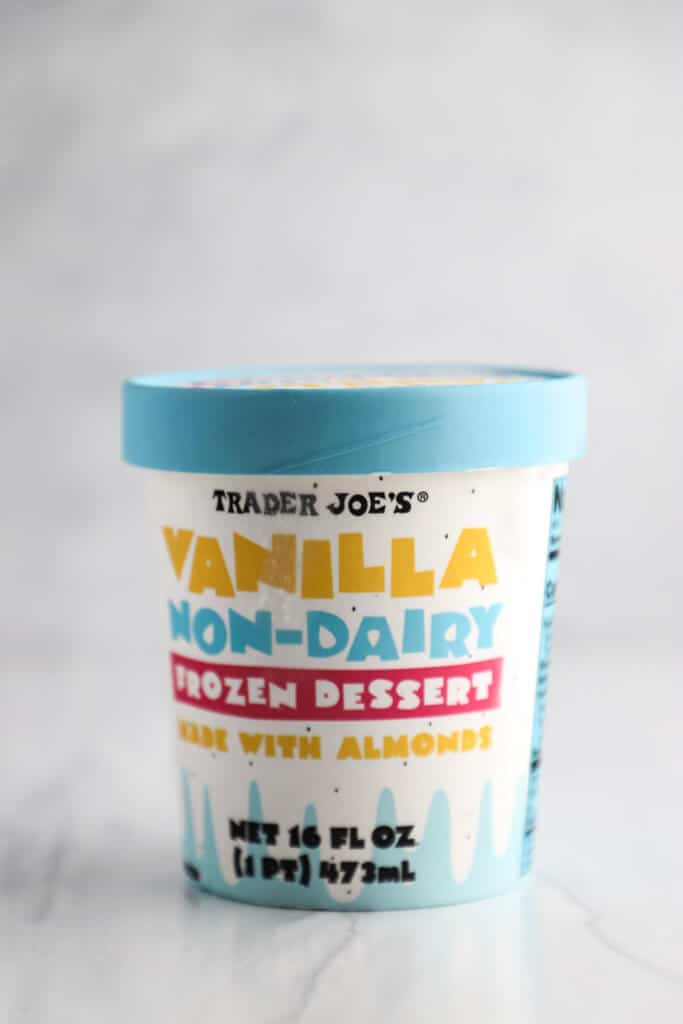 An unopened container of Trader Joe's Vanilla Non Dairy Frozen Dessert