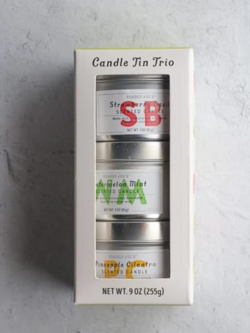 An unopened box of Trader Joe's Candle Tin Trio