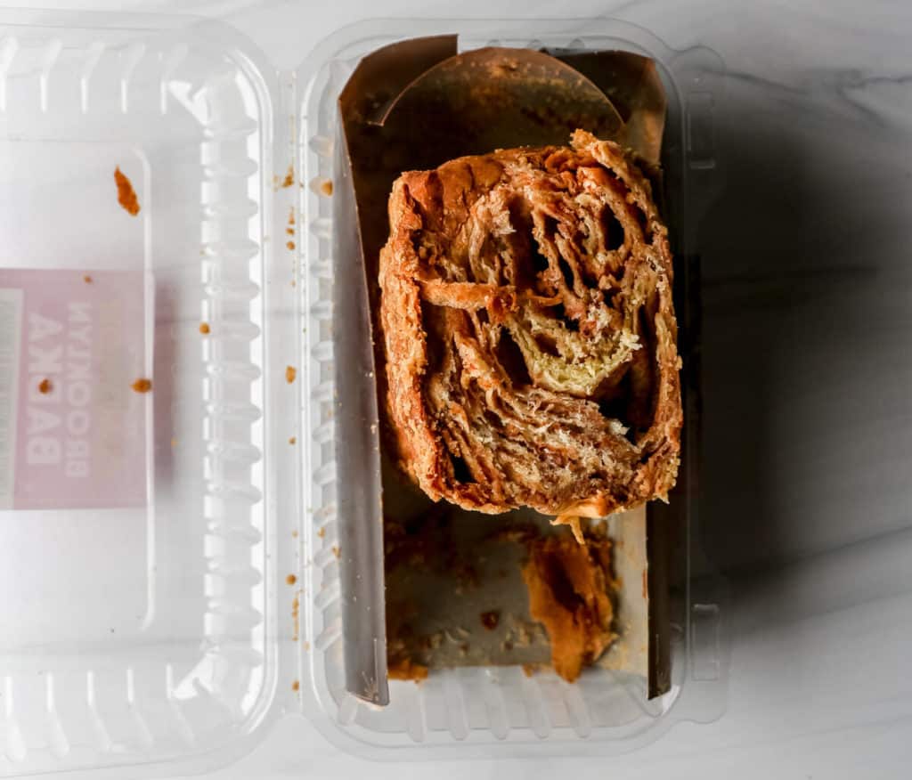 A side view of a sliced Trader Joe's Cinnamon Brooklyn Babka