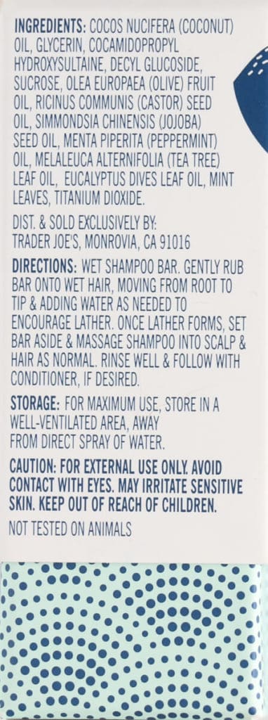 Directions and ingredients in Trader Joe's Shampoo Bar