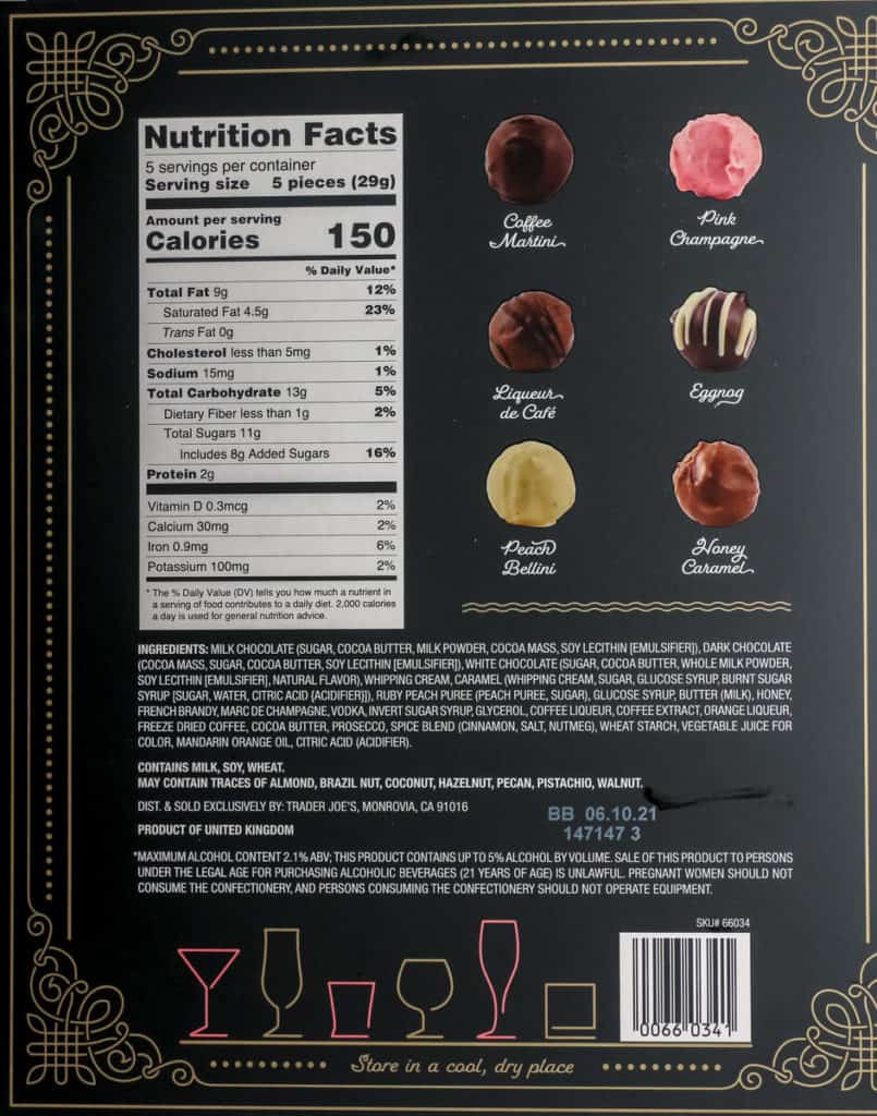 Nutritional facts, ingredients and flavor key on the back of the box of Trader Joe's Advent of the Cocktail Hour