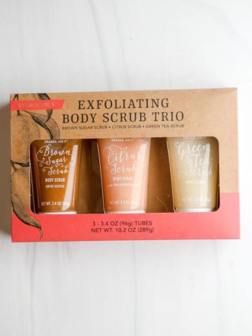 An unopened package of Trader Joe's Exfoliating Body Scrub Trio