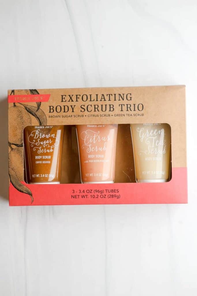 An unopened package of Trader Joe's Exfoliating Body Scrub Trio