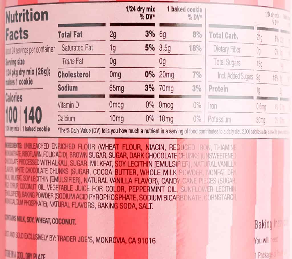 Trader Joe's Peppermint Chocolate Chunk Cookie Mix nutritional facts and ingredient list