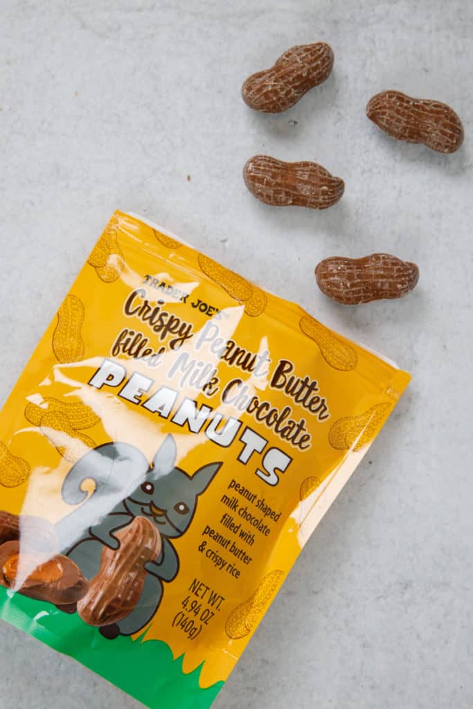 An open bag of Trader Joe's Crispy Peanut Butter Filled Milk Chocolate Peanuts